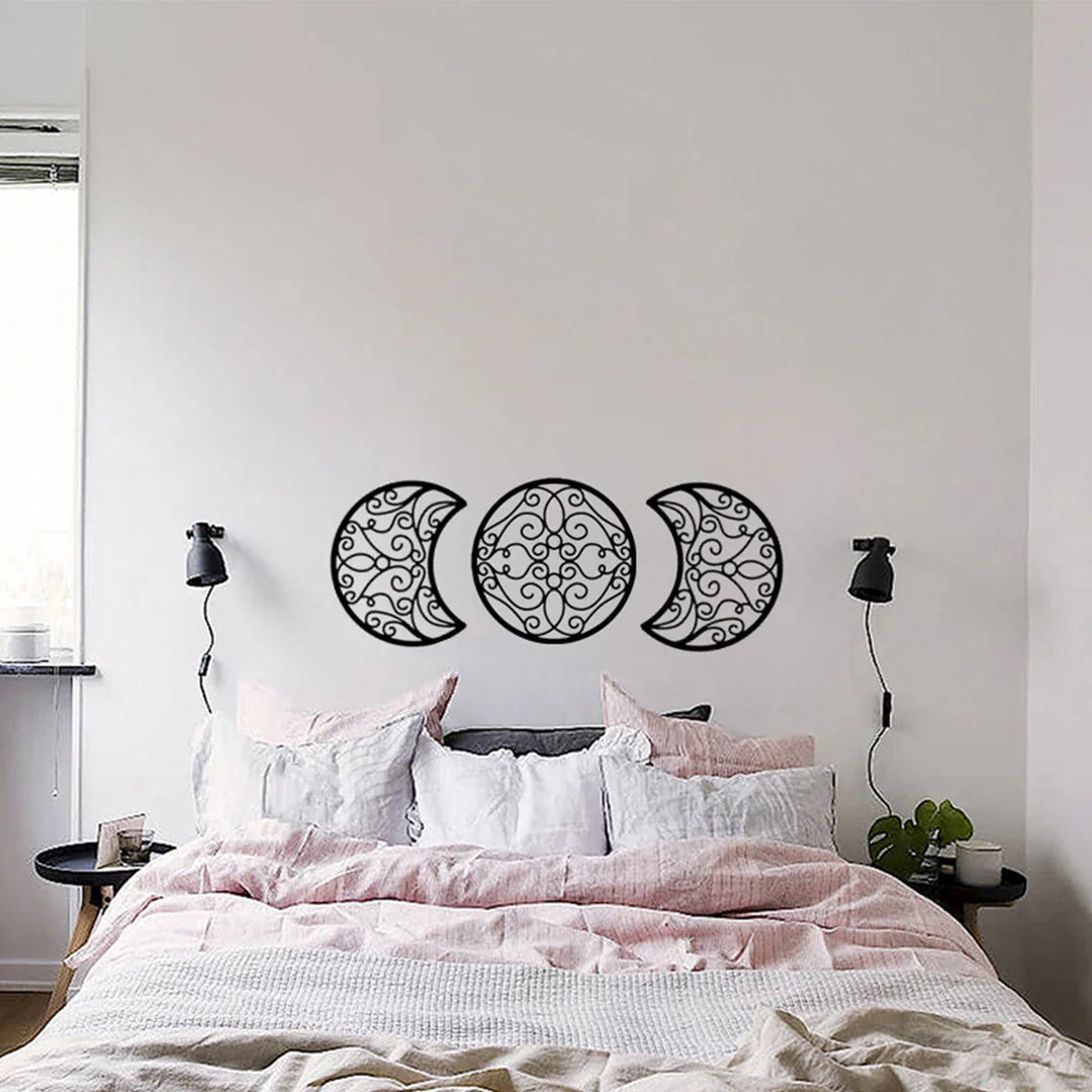 Black Metal Moon Phase Wall Art 3d Iron Craft Wall Mounted Nordic Wall Hanging Decoration For Living Room Dining Room Creative Home Decor - Set of 5Pcs | Bowlift