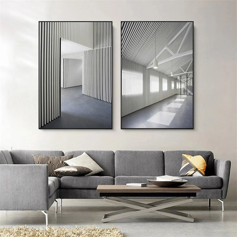 Black White Architectural Interiors Wall Art Fine Art Canvas Prints Print Pictures For Modern Loft Living Room Home Office Decor | Bowlift