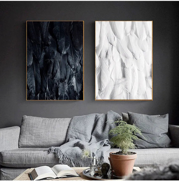 Black White Golden Feather Wall Art Fine Art Canvas Prints Chic Posters Boutique Fashion Pictures For Living Room Bedroom Hotel Salon Art Decor | Bowlift