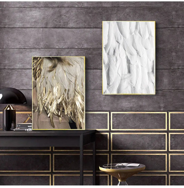 Black White Golden Feather Wall Art Fine Art Canvas Prints Chic Posters Boutique Fashion Pictures For Living Room Bedroom Hotel Salon Art Decor | Bowlift