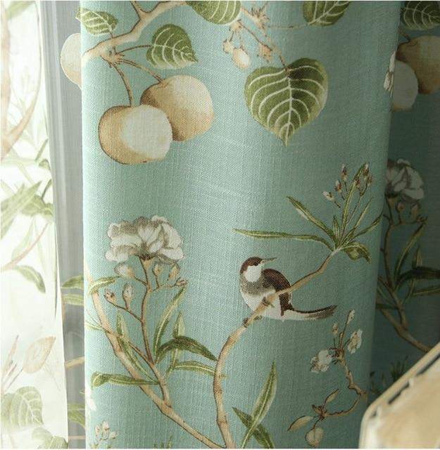 Blackout Blue Curtains with Floral Bird Patterns Bowlift