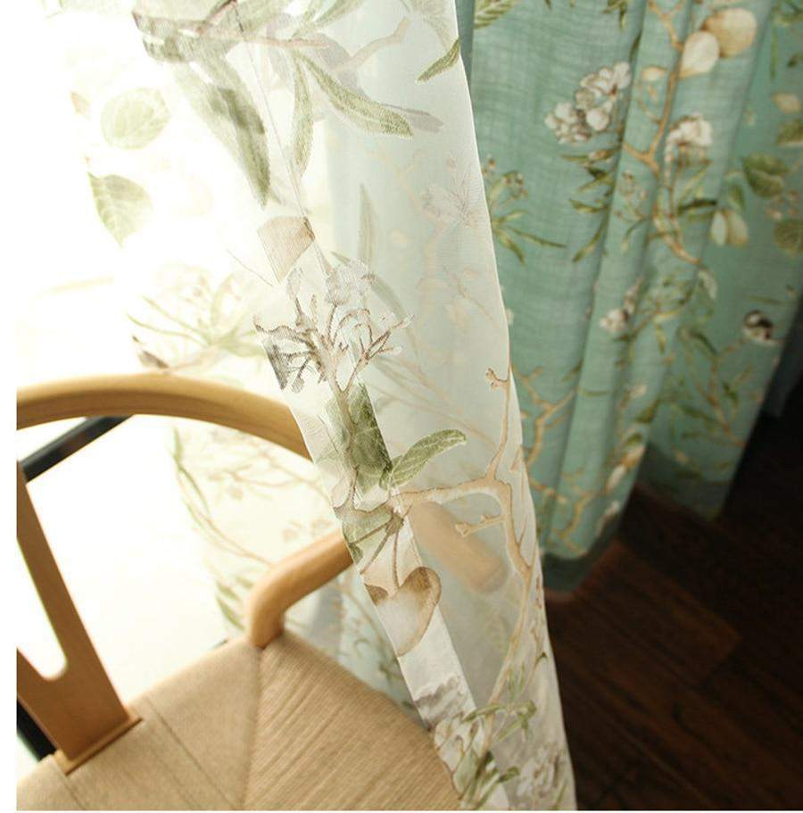 Blackout Blue Curtains with Floral Bird Patterns Bowlift