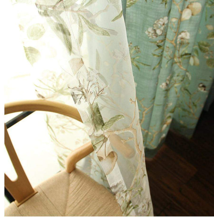 Blackout Blue Curtains with Floral Bird Patterns Bowlift