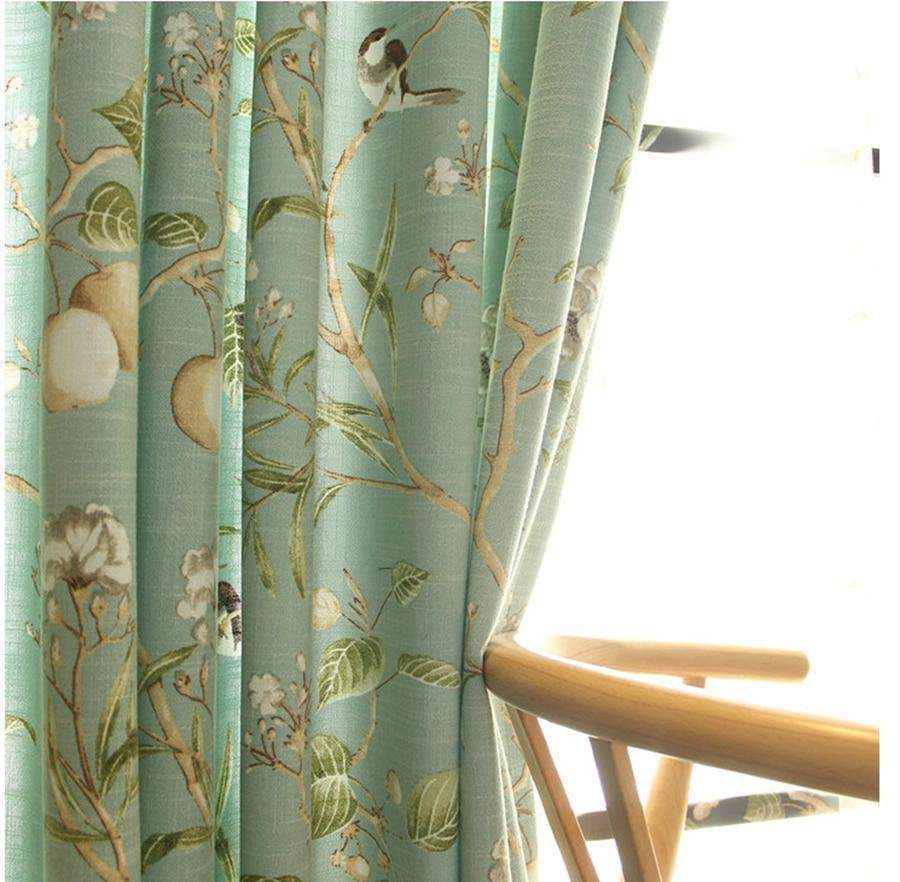 Blackout Blue Curtains with Floral Bird Patterns Bowlift