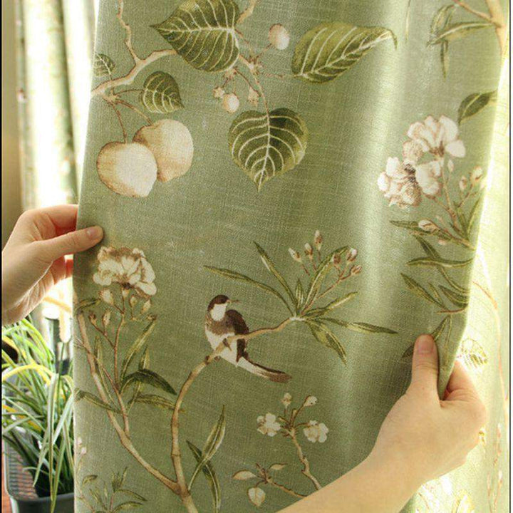 Blackout Green Curtains with Floral Bird Pattern Bowlift