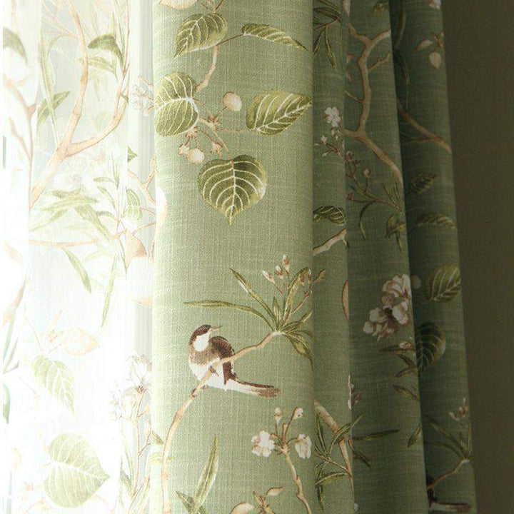 Blackout Green Curtains with Floral Bird Pattern Bowlift