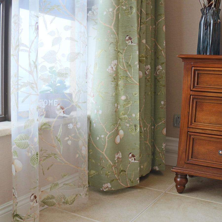 Blackout Green Curtains with Floral Bird Pattern Bowlift