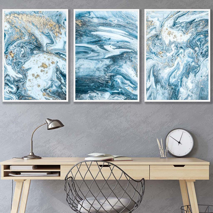 Abstract teal blue and gold ocean wall art set of 3 prints | Bowlift