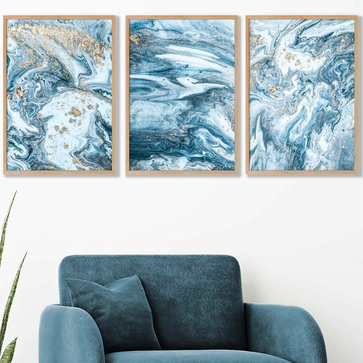 Abstract teal blue and gold ocean wall art set of 3 prints | Bowlift