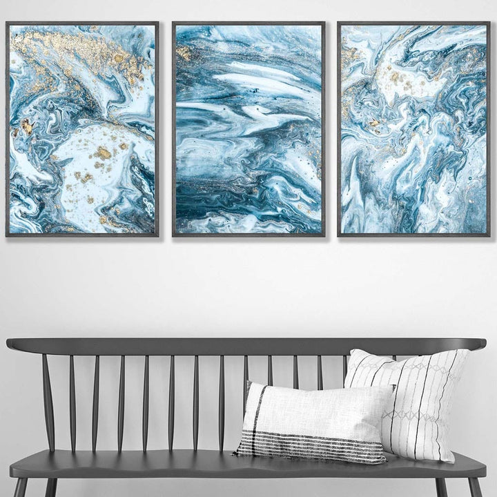 Abstract teal blue and gold ocean wall art set of 3 prints | Bowlift