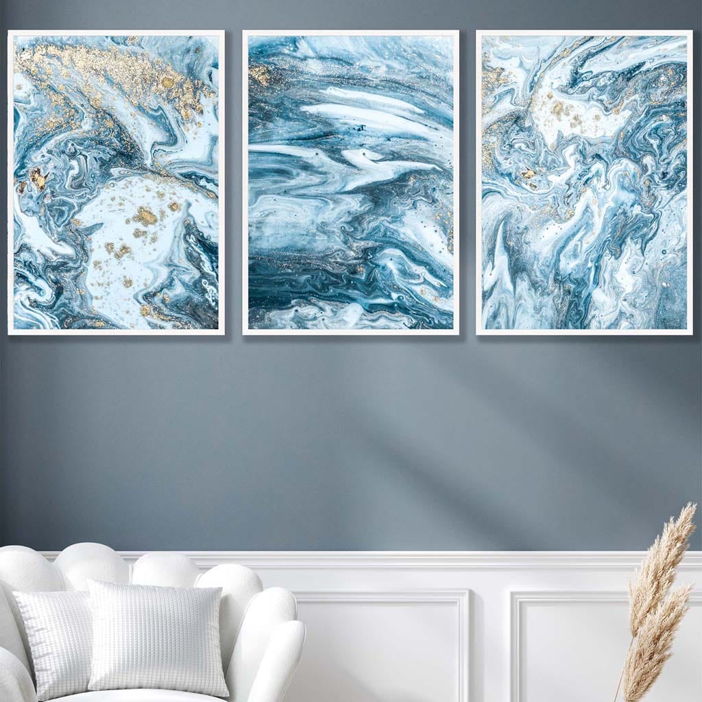 Abstract teal blue and gold ocean wall art set of 3 prints | Bowlift