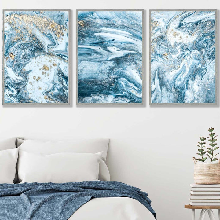 Abstract teal blue and gold ocean wall art set of 3 prints | Bowlift