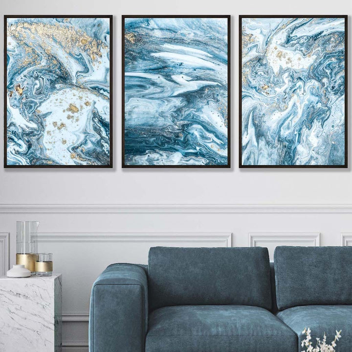 Abstract teal blue and gold ocean wall art set of 3 prints | Bowlift