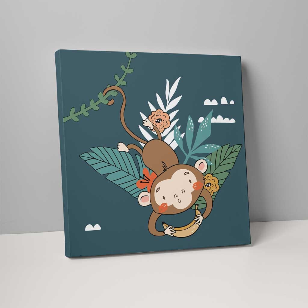 Boho Safari Jungle Monkey Teal Blue and Yellow on Canvas | Bowlift