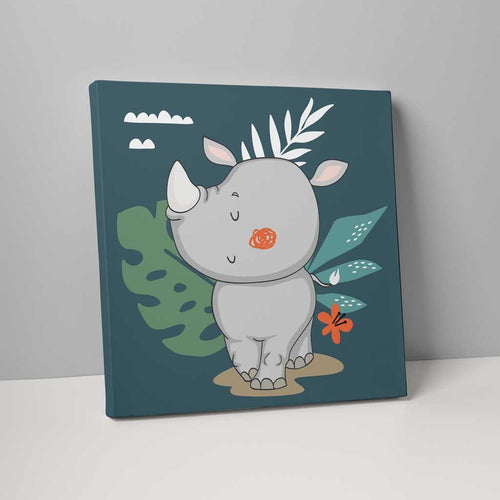 Boho Safari Jungle Rhino Teal Blue and Gray on Canvas | Bowlift