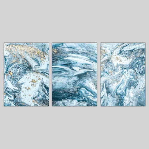 Abstract teal blue and gold ocean wall art set of 3 prints | Bowlift