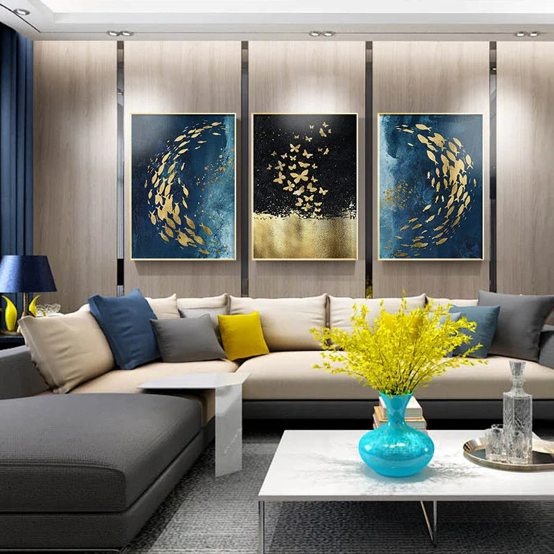 Blue Golden Birds and Butterflies Wall Art Fine Art Canvas Prints Auspicious Abstract Pictures For Living Room Bedroom Hotel Room Art Decor | Bowlift
