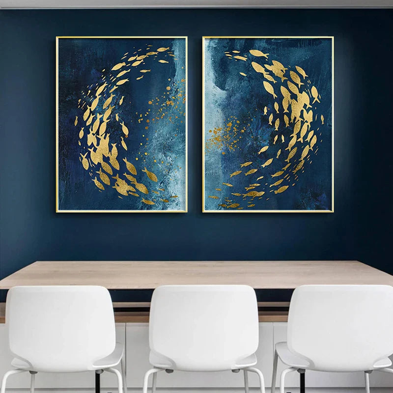 Blue Golden Birds and Butterflies Wall Art Fine Art Canvas Prints Auspicious Abstract Pictures For Living Room Bedroom Hotel Room Art Decor | Bowlift