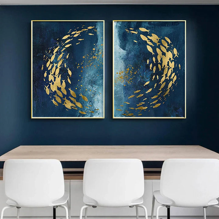 Blue Golden Birds and Butterflies Wall Art Fine Art Canvas Prints Auspicious Abstract Pictures For Living Room Bedroom Hotel Room Art Decor | Bowlift