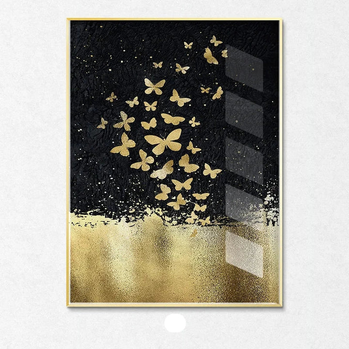 Blue Golden Birds and Butterflies Wall Art Fine Art Canvas Prints Auspicious Abstract Pictures For Living Room Bedroom Hotel Room Art Decor | Bowlift