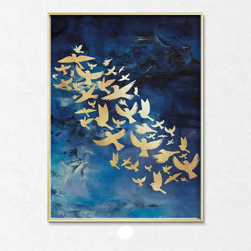 Blue Golden Birds and Butterflies Wall Art Fine Art Canvas Prints Auspicious Abstract Pictures For Living Room Bedroom Hotel Room Art Decor | Bowlift