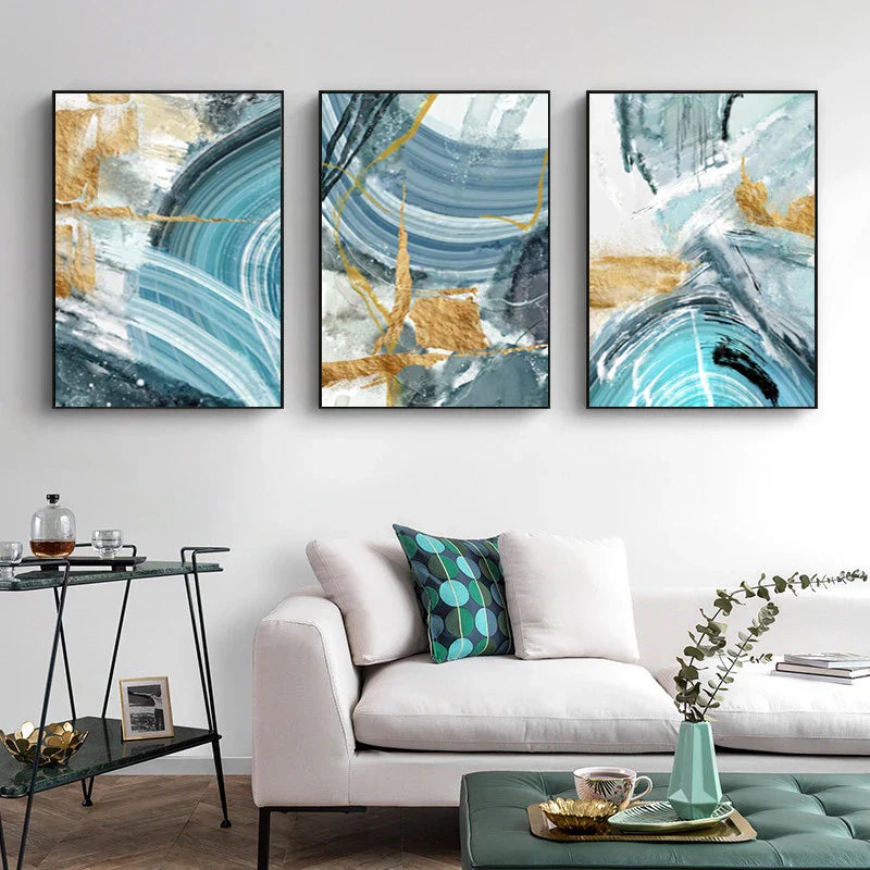 Blue Golden Nordic Marble Print Abstract Wall Art Fine Art Canvas Prints Pictures For Living Room Bedroom Home Office Decor | Bowlift