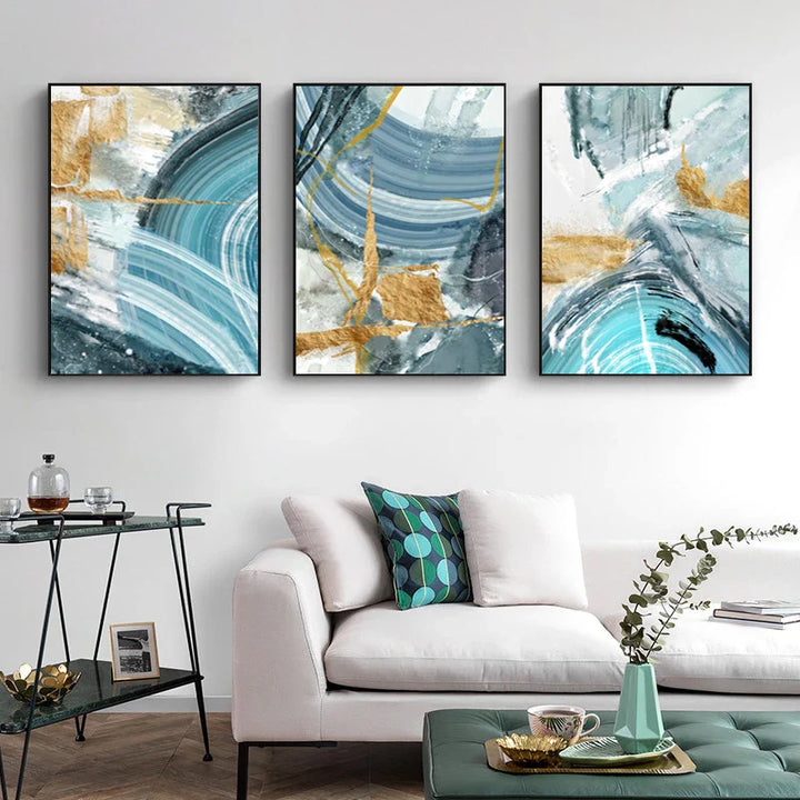 Blue Golden Nordic Marble Print Abstract Wall Art Fine Art Canvas Prints Pictures For Living Room Bedroom Home Office Decor | Bowlift