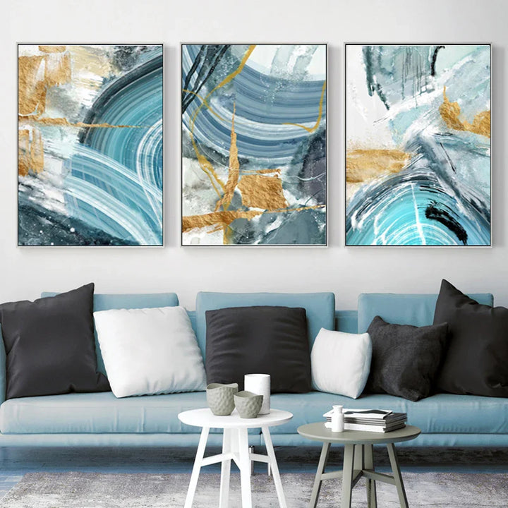 Blue Golden Nordic Marble Print Abstract Wall Art Fine Art Canvas Prints Pictures For Living Room Bedroom Home Office Decor | Bowlift
