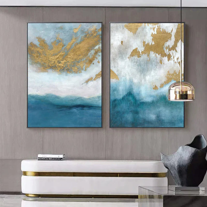 Blue Sea Golden Sands Wall Art Fine Art Canvas Prints Nordic Abstract Pictures For Modern Apartment Living Room Bedroom Foyer Art Decor | Bowlift