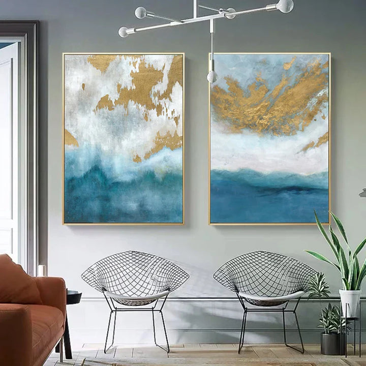 Blue Sea Golden Sands Wall Art Fine Art Canvas Prints Nordic Abstract Pictures For Modern Apartment Living Room Bedroom Foyer Art Decor | Bowlift