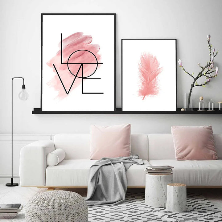 Blush Pink Love Feather Wall Art Fine Art Canvas Prints Minimalist Fashion Pictures For Living Room Girl's Bedroom Fashion Art Decor | Bowlift