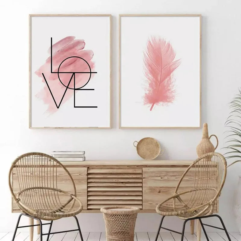 Blush Pink Love Feather Wall Art Fine Art Canvas Prints Minimalist Fashion Pictures For Living Room Girl's Bedroom Fashion Art Decor | Bowlift