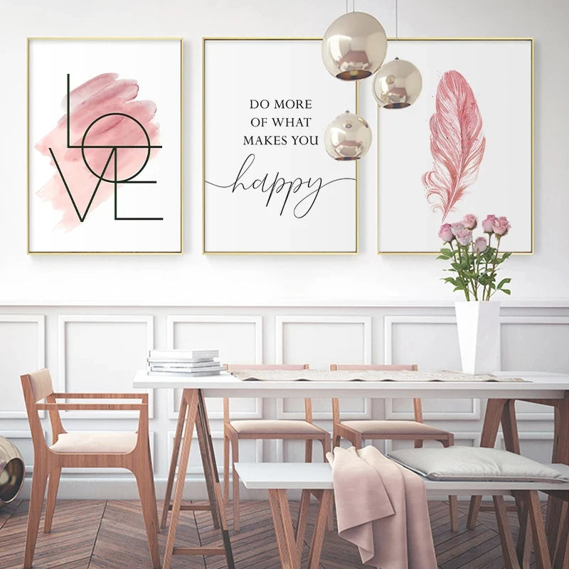 Blush Pink Love Feather Wall Art Fine Art Canvas Prints Minimalist Fashion Pictures For Living Room Girl's Bedroom Fashion Art Decor | Bowlift