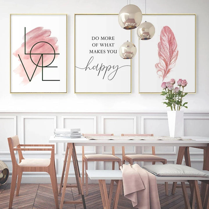 Blush Pink Love Feather Wall Art Fine Art Canvas Prints Minimalist Fashion Pictures For Living Room Girl's Bedroom Fashion Art Decor | Bowlift