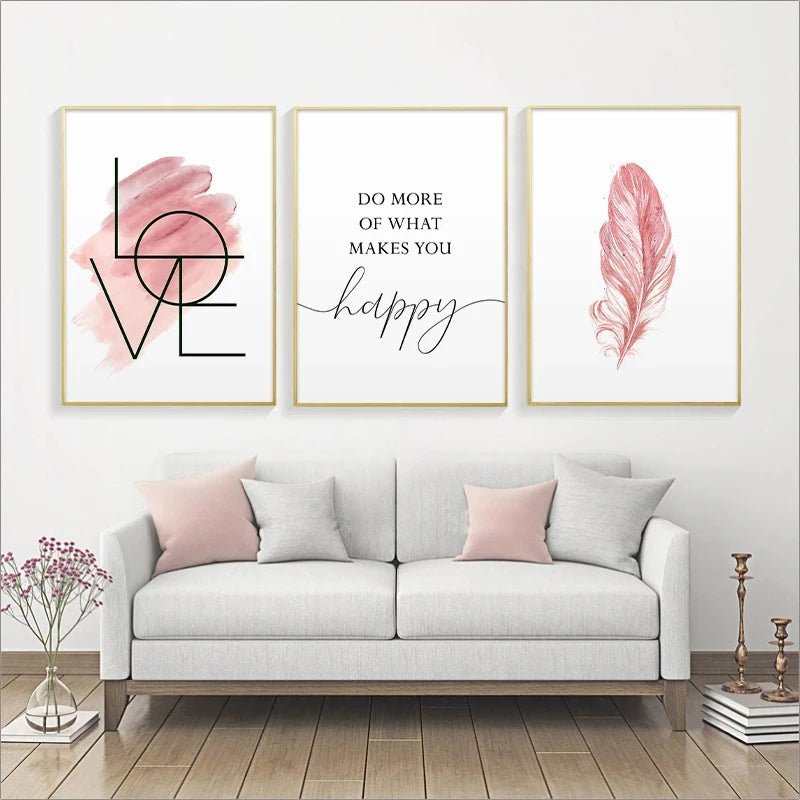 Blush Pink Love Feather Wall Art Fine Art Canvas Prints Minimalist Fashion Pictures For Living Room Girl's Bedroom Fashion Art Decor | Bowlift