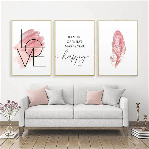 Blush Pink Love Feather Wall Art Fine Art Canvas Prints Minimalist Fashion Pictures For Living Room Girl's Bedroom Fashion Art Decor | Bowlift
