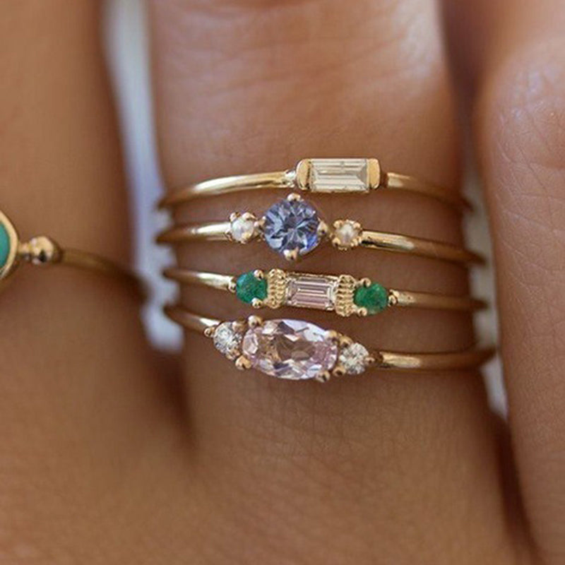 BowLift | Geometric Gold Color Combination Round Zircon Crystal Rings Set