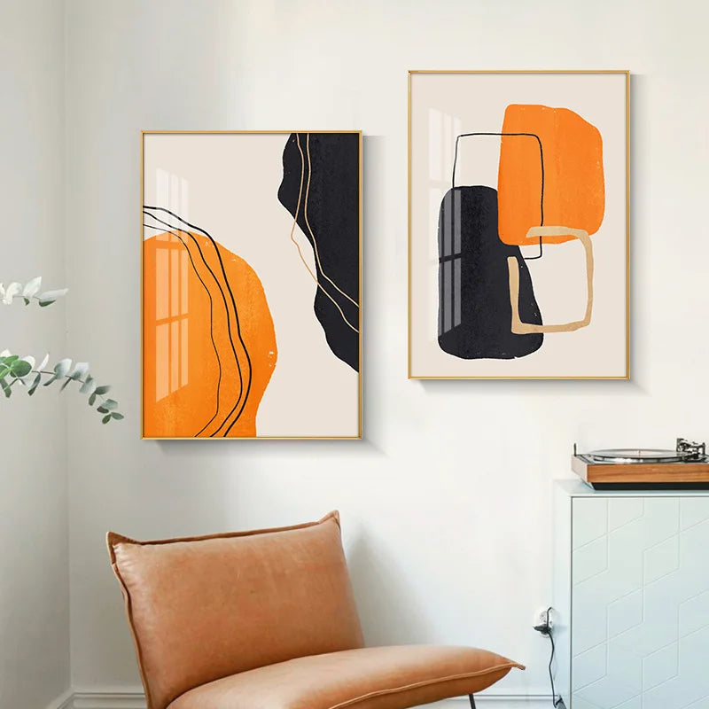 Bold Orange Beige Black Mosaic Abstract Wall Art Fine Art Canvas Prints Pictures For Modern Apartment Living Room Art For Contemporary Interiors | Bowlift
