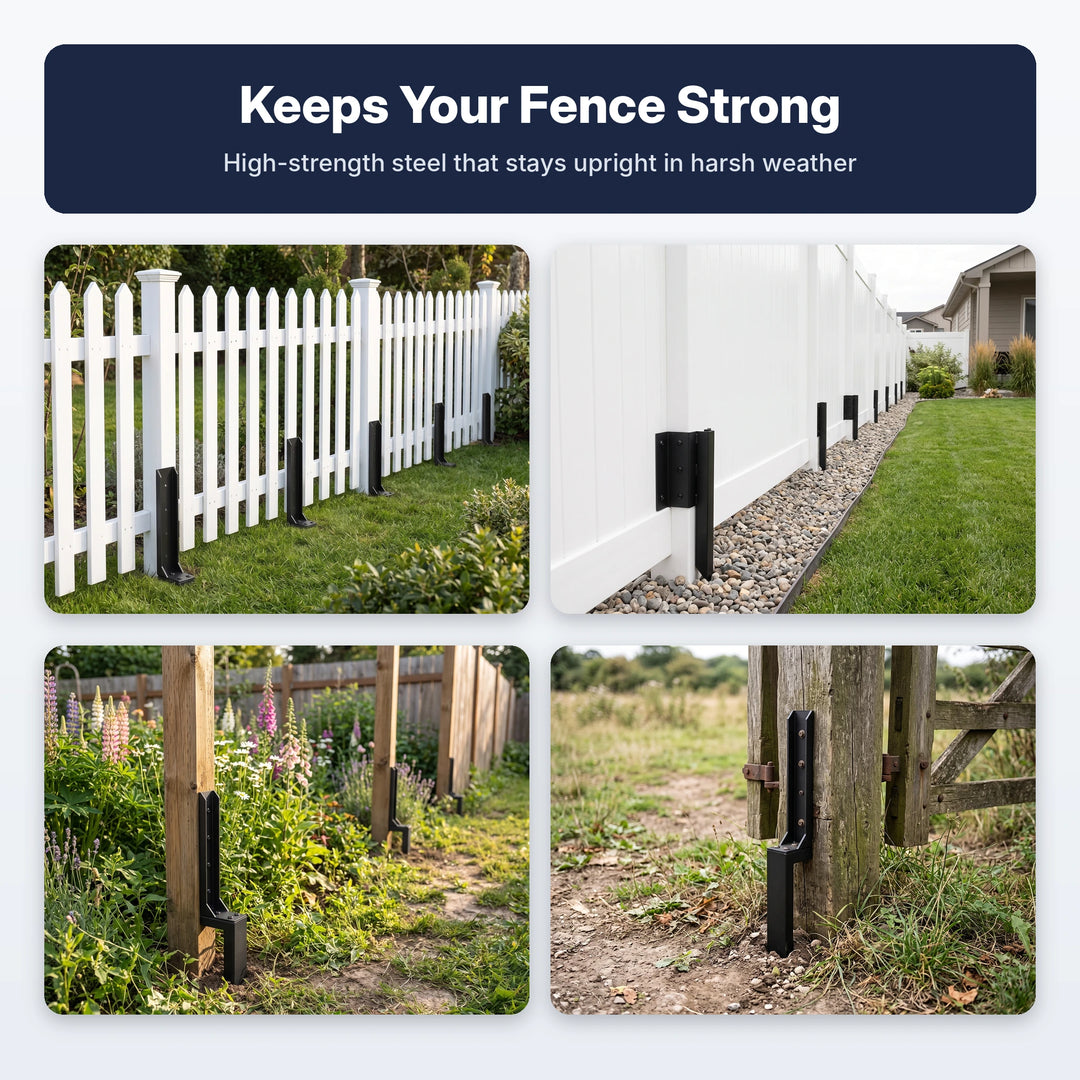 Collage of black steel fence post repair stakes on picket, vinyl, cedar and gate posts