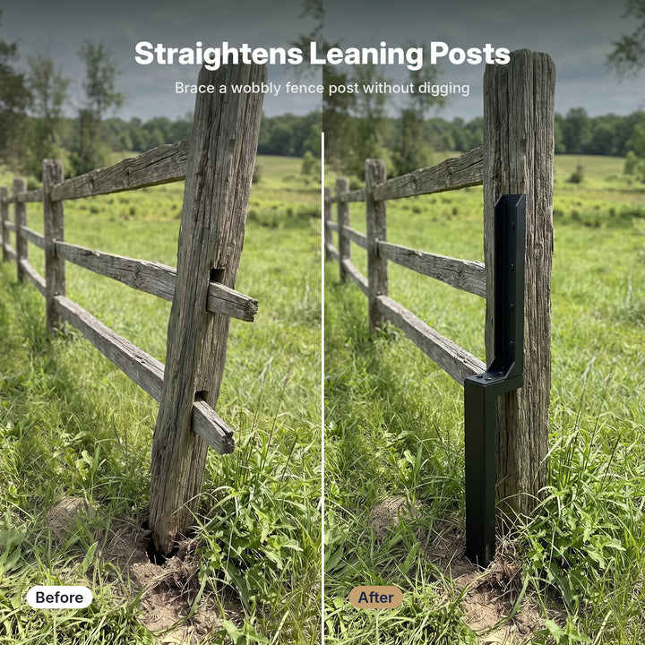 Before and after of a leaning split-rail fence post straightened with a black steel stake