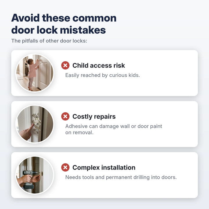 Common door lock mistakes: easy-reach knob covers, adhesive damage and drilling