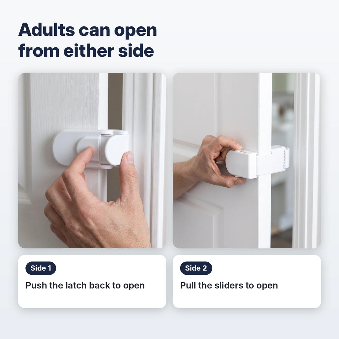 Adults can open the child lock from either side by pushing the latch or pulling the sliders