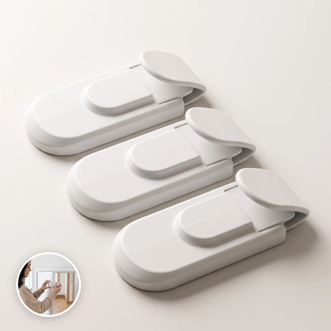 Three-pack of white child safety door locks