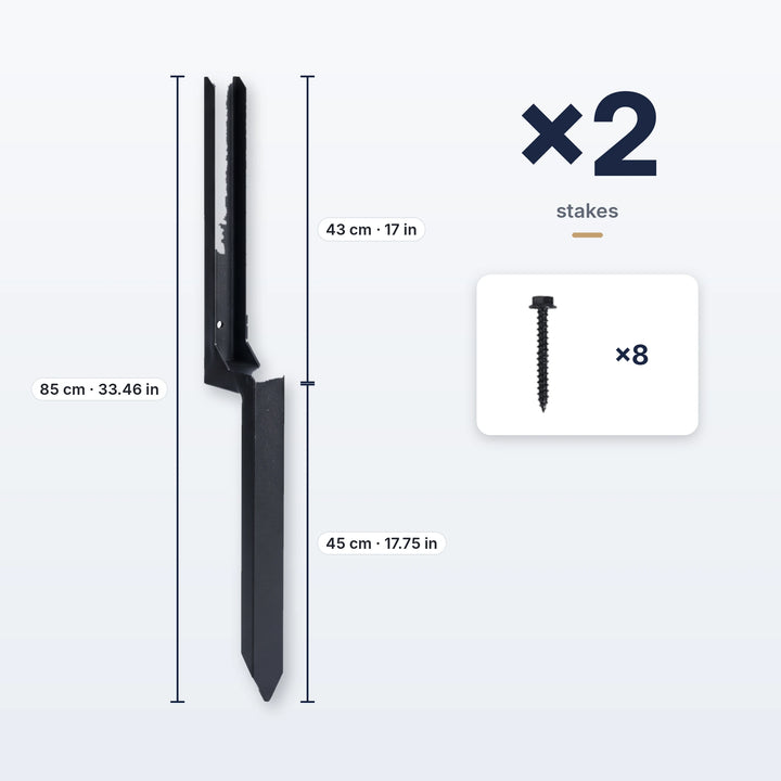 One-piece fence post repair stakes, set of 2 with 8 screws