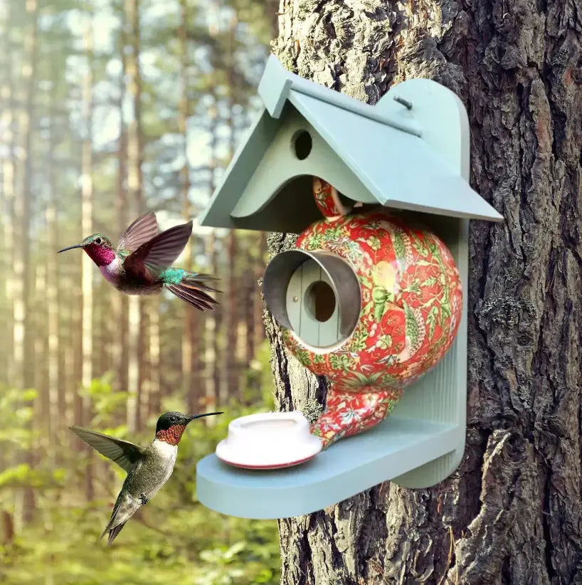 BowLift | Teapot Birdhouse | Hand-Painted Resin | Weather-Resistant Outdoor Garden Decoration