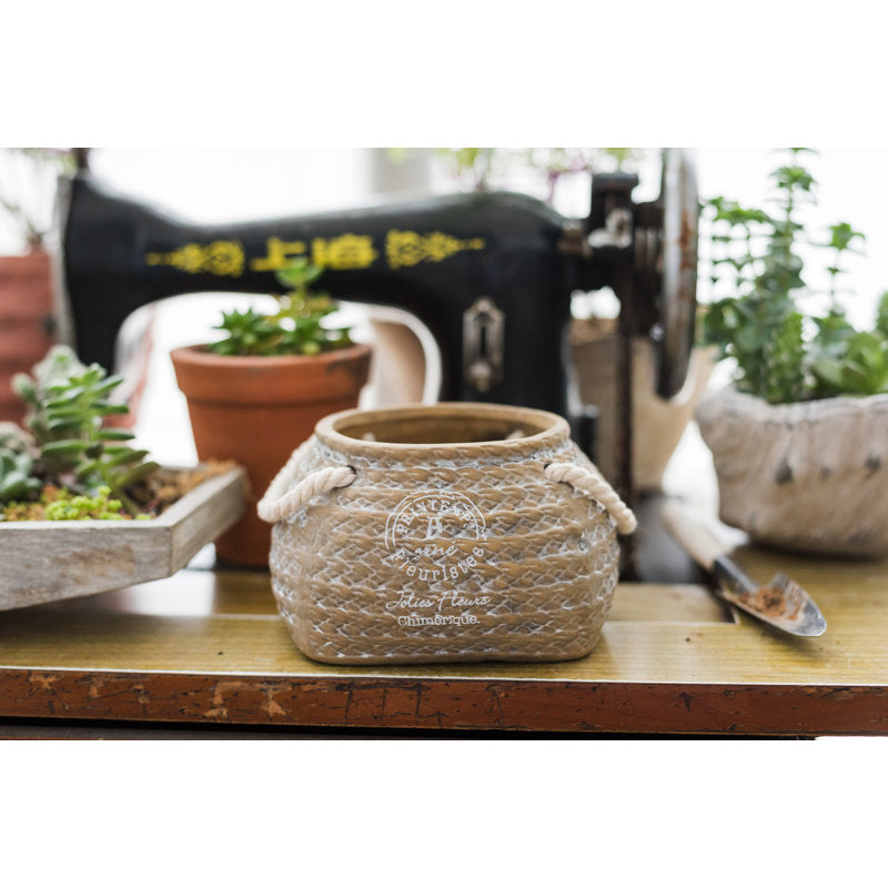 BowLift | Ceramic Plant Pot in Hemp Bag Design with Rope Handles – Decorative Flower Pot for Garden and Home