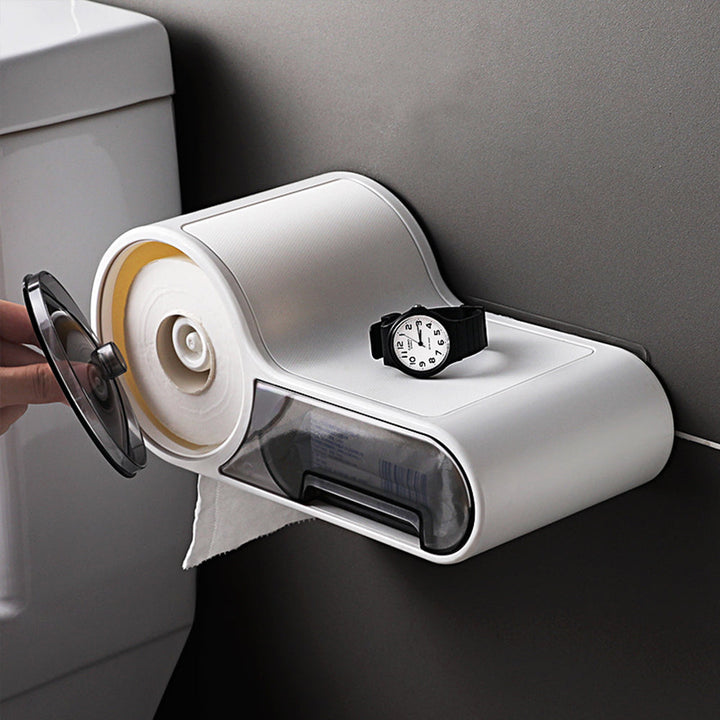 BowLift | DryHold Self-Adhesive Toilet Paper Holder – Waterproof Wall Solution with Extra Storage Space