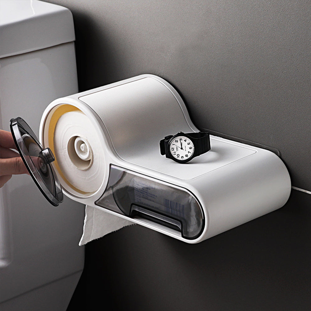 DroogHoud Self-Adhesive Toilet Paper Holder – Waterproof Wall Solution with Extra Storage Space | Bowlift