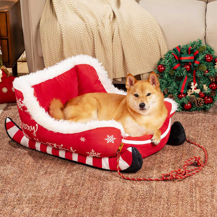 BowLift | Christmas Sleigh Dog Bed with Plush Crystal Velvet and Non-Slip Bottom