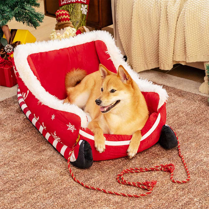 BowLift | Christmas Sleigh Dog Bed with Plush Crystal Velvet and Non-Slip Bottom